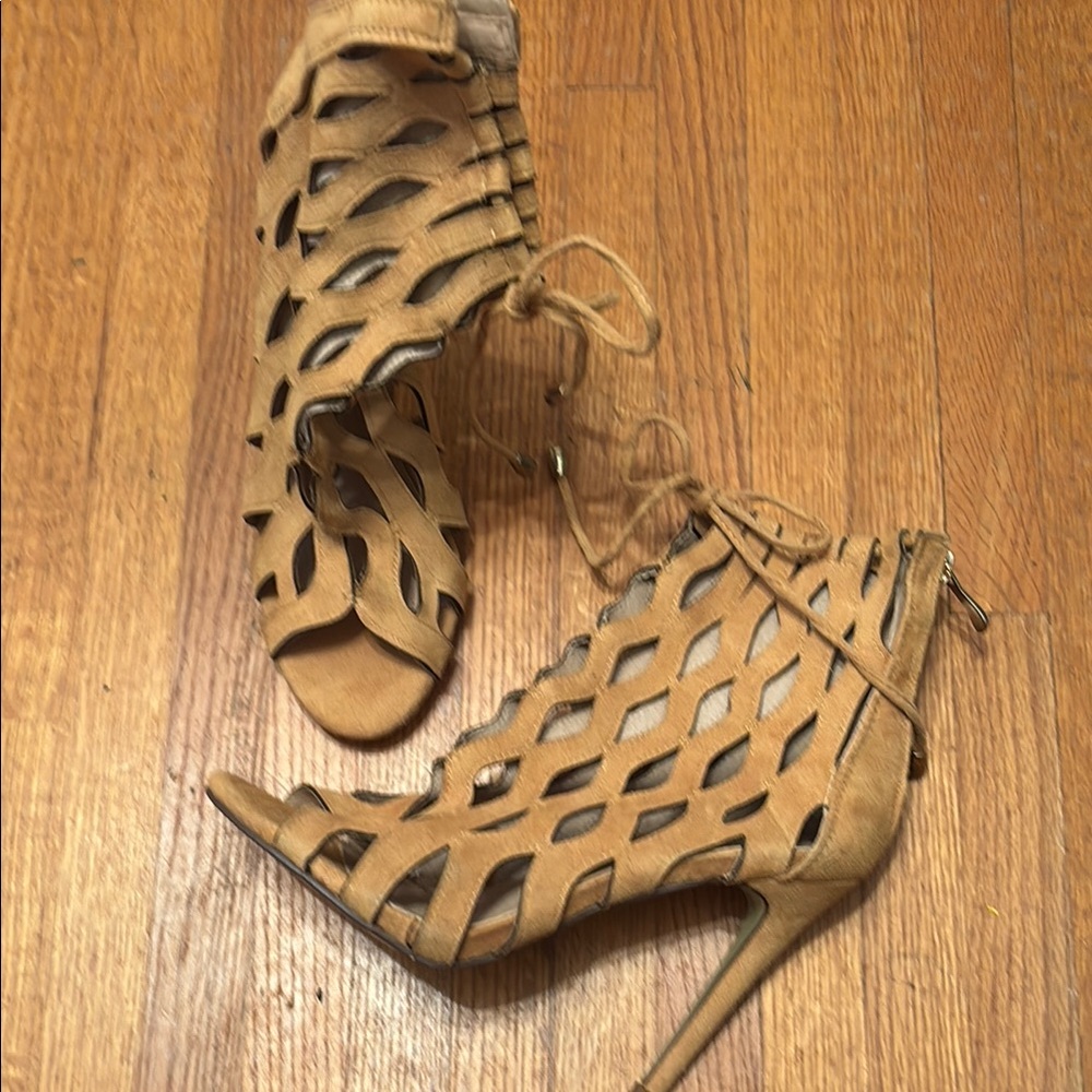 Cape Robbin Tan Cage Heels with Peep-Toe Gently Used